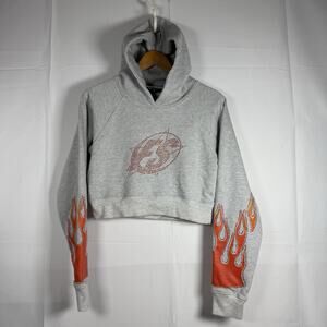Full Send Cropped Flame Hoodie Rhinestone Logo Gray Red Sleeves Women’s M